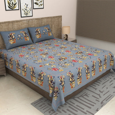 Steel Blue Majestic Fern Leaf Pure Cotton King Size Bedsheet