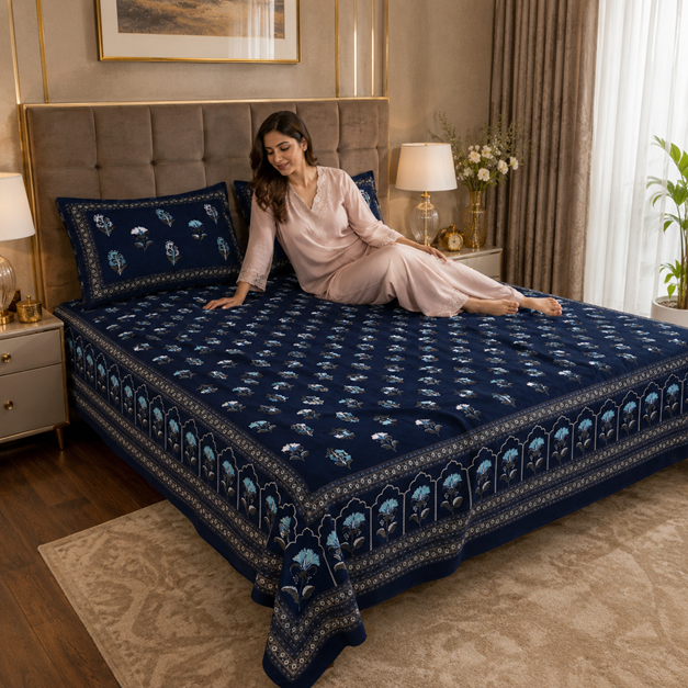 Navy Blue Royal Rose Buti Pure Cotton King Size Bedsheet