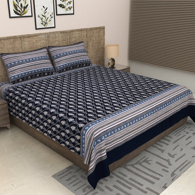 Deep Indigo Ornate Lattice Geometry Pure Cotton King Size Bedsheet
