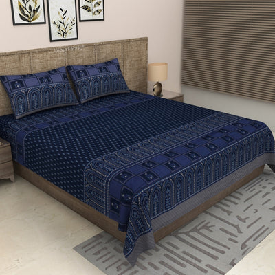 Navy & Cobalt Heritage Arch Motif Pure Cotton King Size Bedsheet