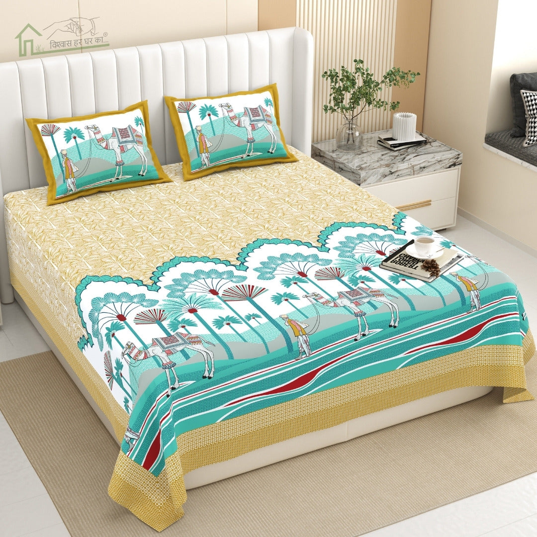 Rajasthani Camel Caravan Jaipuri Print Mustard Yellow 240 TC Cotton King Size Bedsheet
