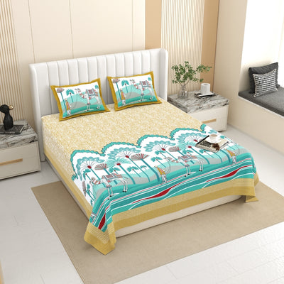 Rajasthani Camel Caravan Jaipuri Print Mustard Yellow 240 TC Cotton King Size Bedsheet