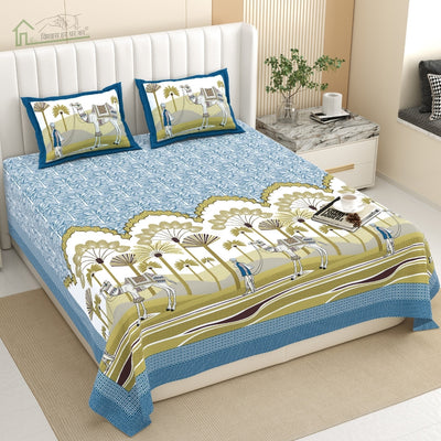 Rajasthani Camel Caravan Jaipuri Print Sky Blue 240 TC Cotton King Size Bedsheet