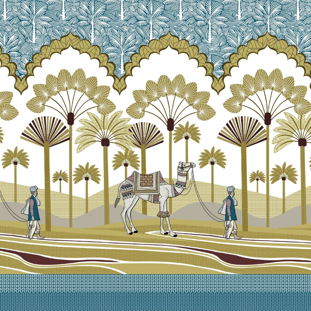 Rajasthani Camel Caravan Jaipuri Print Sky Blue 240 TC Cotton King Size Bedsheet