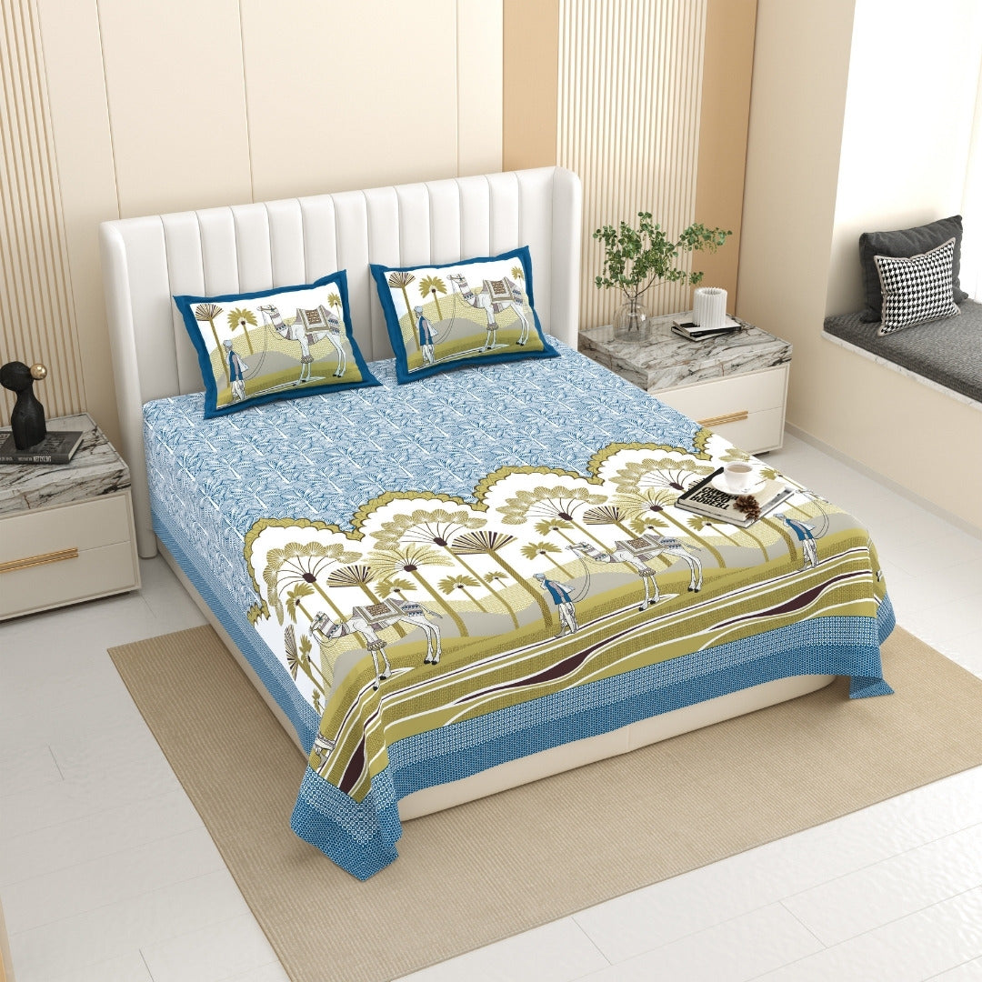 Rajasthani Camel Caravan Jaipuri Print Sky Blue 240 TC Cotton King Size Bedsheet
