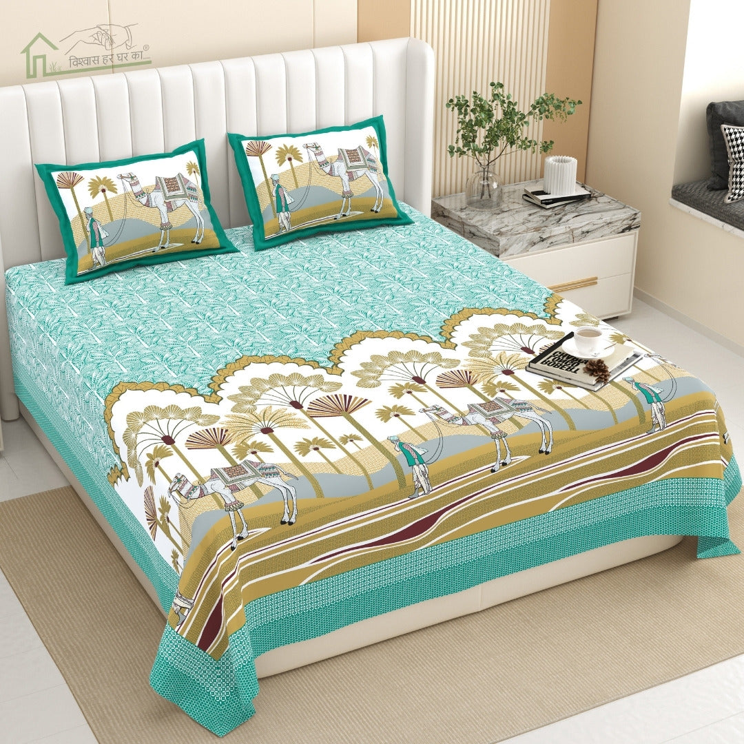 Rajasthani Camel Caravan Jaipuri Print Sea Green 240 TC Cotton King Size Bedsheet