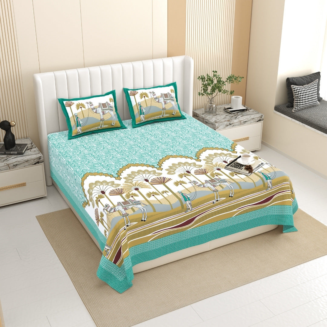 Rajasthani Camel Caravan Jaipuri Print Sea Green 240 TC Cotton King Size Bedsheet