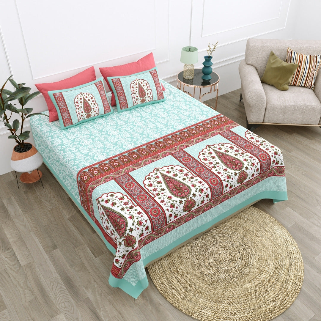 Royal Charm Paisley Booti Jaipuri Mint Aqua 240 TC Cotton King Size Bedsheet