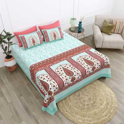 Royal Charm Paisley Booti Jaipuri Mint Aqua 240 TC Cotton King Size Bedsheet
