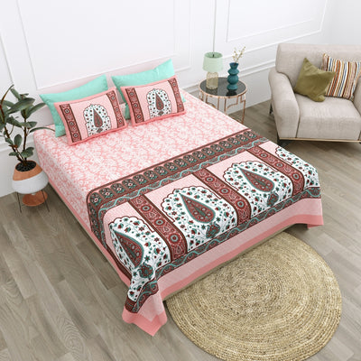 Royal Charm Paisley Booti Jaipuri Blush Pink 240 TC Cotton King Size Bedsheet