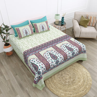 Royal Charm Paisley Booti Jaipuri Sage Green 240 TC Cotton King Size Bedsheet