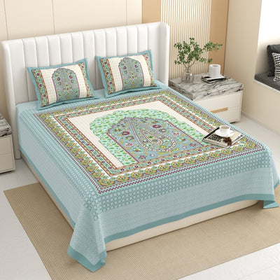 Royal Paisley Mandala Jaipuri Sky Blue 240 TC Cotton King Size Bedsheet