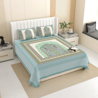 Royal Paisley Mandala Jaipuri Sky Blue 240 TC Cotton King Size Bedsheet