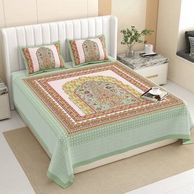 Royal Paisley Mandala Jaipuri Mint Green 240 TC Cotton King Size Bedsheet