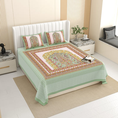 Royal Paisley Mandala Jaipuri Mint Green 240 TC Cotton King Size Bedsheet
