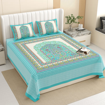 Royal Paisley Mandala Jaipuri Turquoise 240 TC Cotton King Size Bedsheet