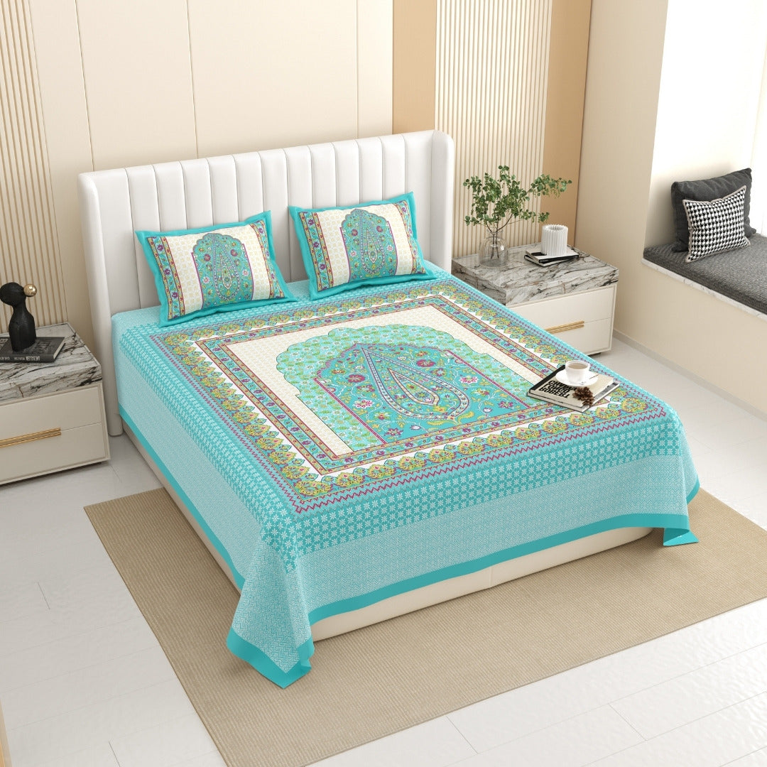 Royal Paisley Mandala Jaipuri Turquoise 240 TC Cotton King Size Bedsheet