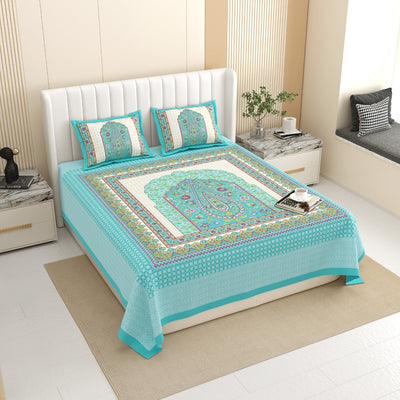 Royal Paisley Mandala Jaipuri Turquoise 240 TC Cotton King Size Bedsheet