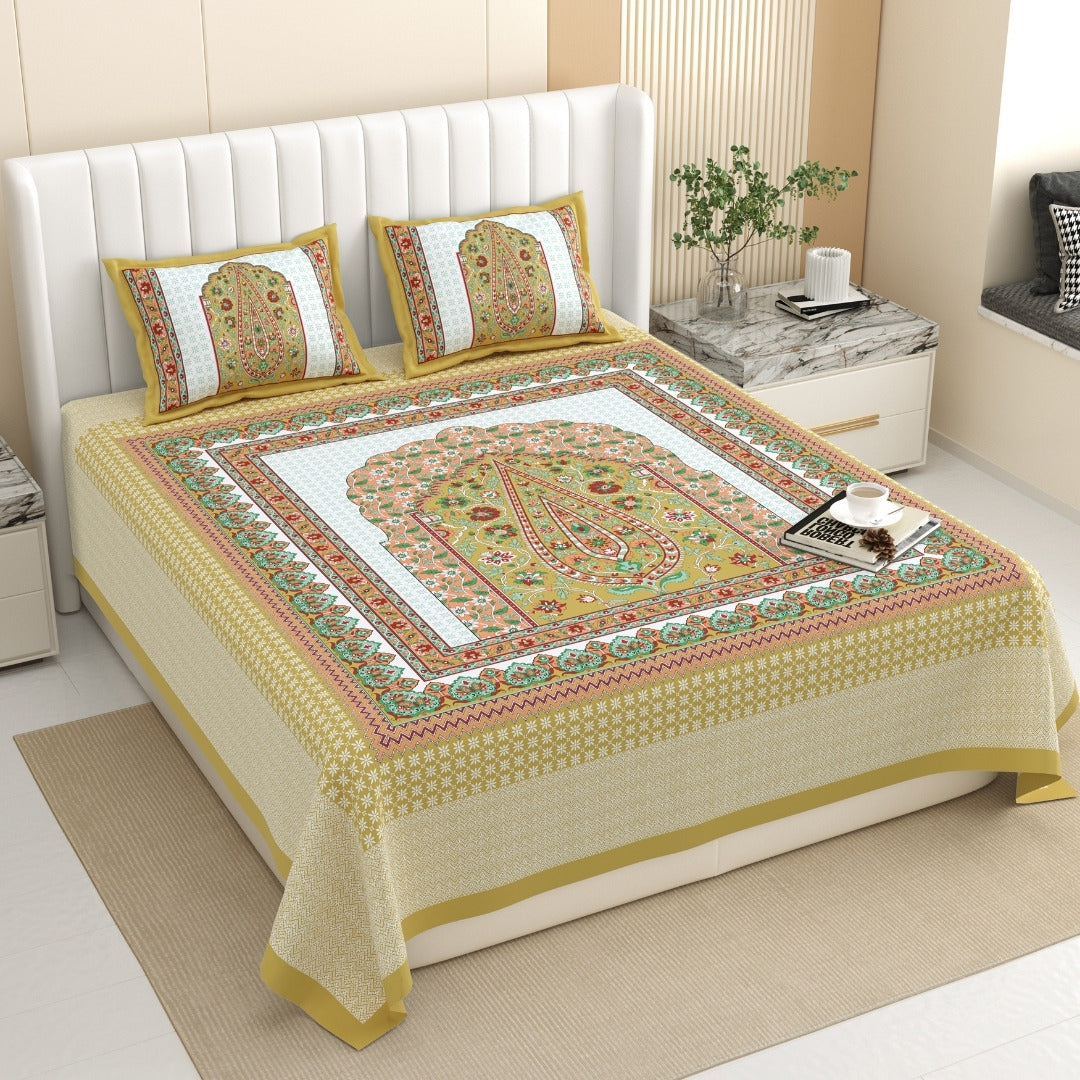 Royal Paisley Mandala Jaipuri Golden Cream 240 TC Cotton King Size Bedsheet
