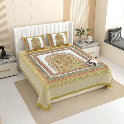 Royal Paisley Mandala Jaipuri Golden Cream 240 TC Cotton King Size Bedsheet