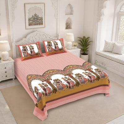 Rajasthani Tribal Dance Jaipuri Print Coral Peach 240 TC Cotton King Size Bedsheet