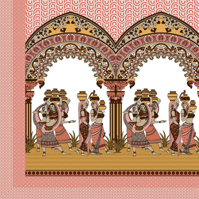 Rajasthani Tribal Dance Jaipuri Print Coral Peach 240 TC Cotton King Size Bedsheet
