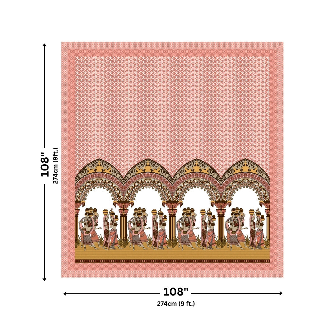 Rajasthani Tribal Dance Jaipuri Print Coral Peach 240 TC Cotton King Size Bedsheet