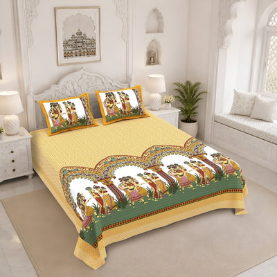 Rajasthani Tribal Dance Jaipuri Print Mustard Yellow 240 TC Cotton King Size Bedsheet