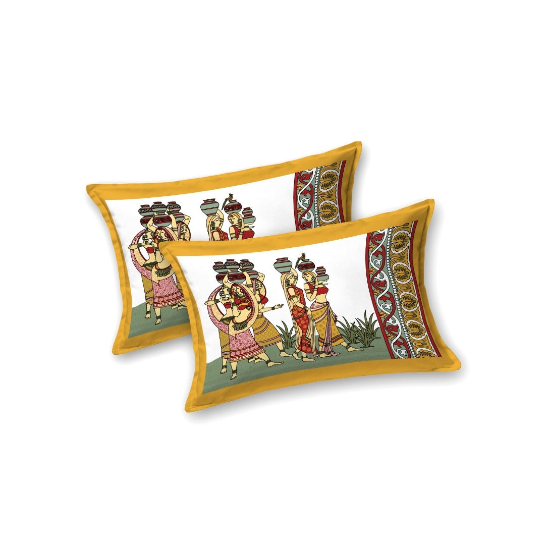 Rajasthani Tribal Dance Jaipuri Print Mustard Yellow 240 TC Cotton King Size Bedsheet