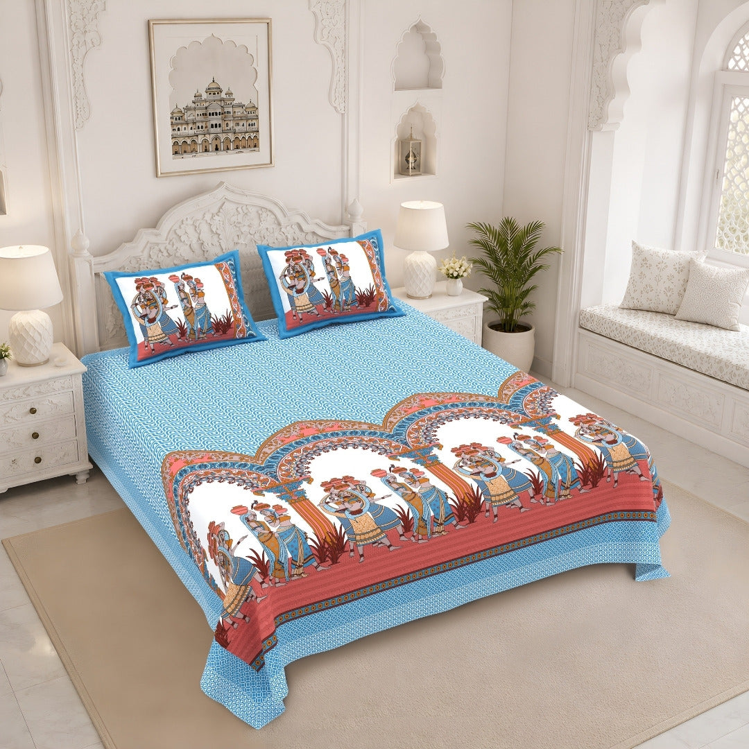 Rajasthani Tribal Dance Jaipuri Print Sky Blue 240 TC Cotton King Size Bedsheet