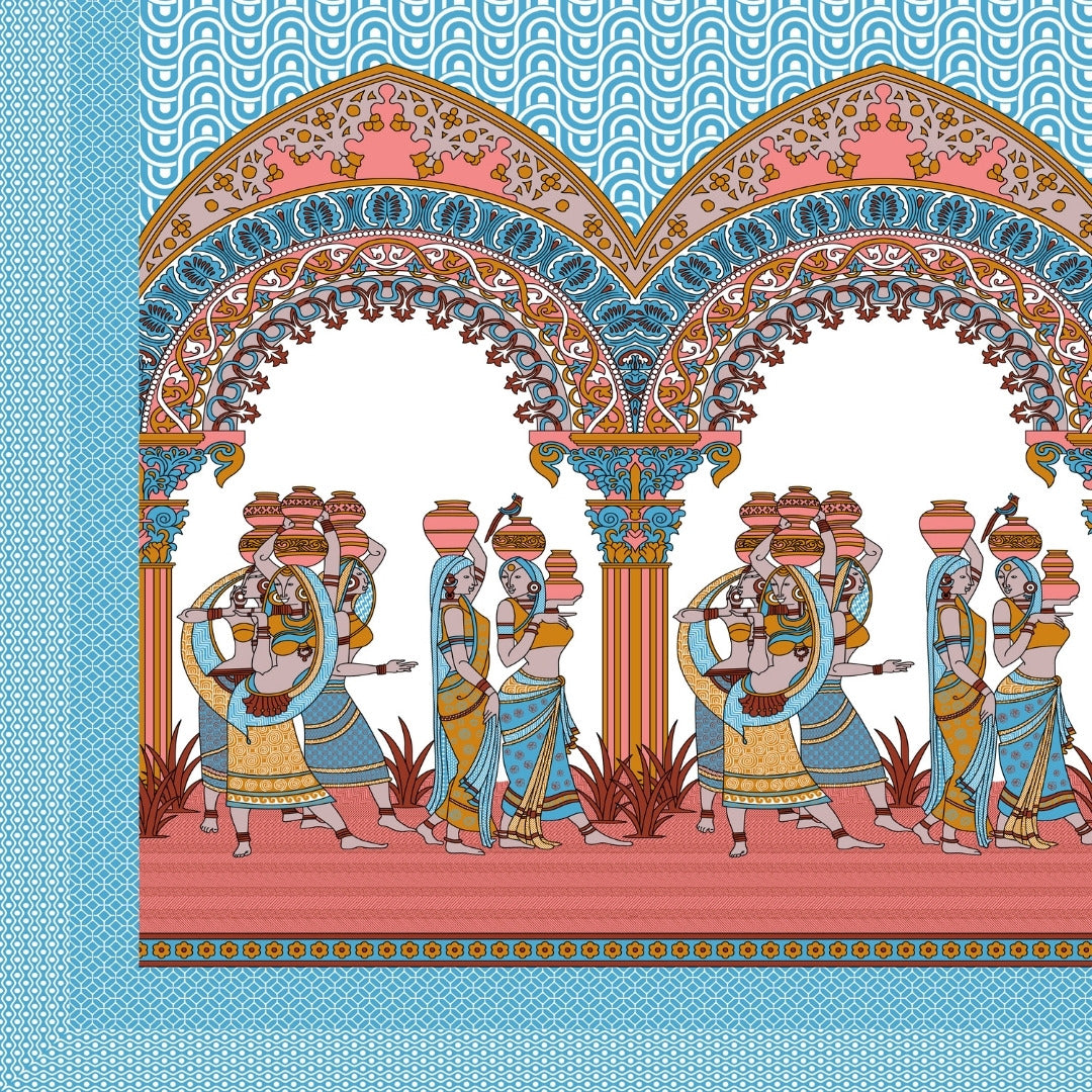 Rajasthani Tribal Dance Jaipuri Print Sky Blue 240 TC Cotton King Size Bedsheet