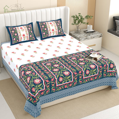 Royal Flora Bunch Jaipuri Print Navy Blue 240 TC Cotton King Size Bedsheet