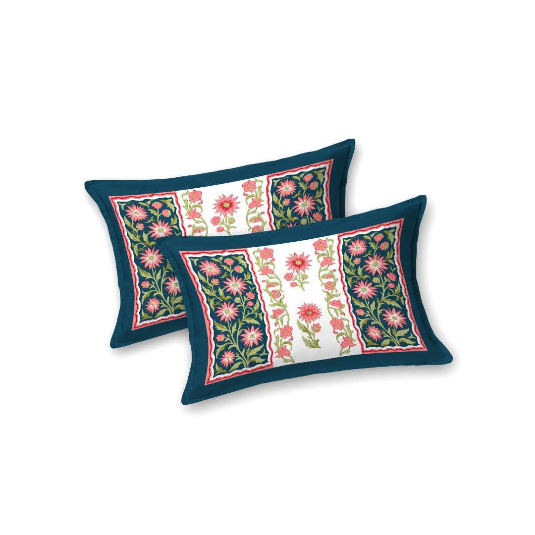 Royal Flora Bunch Jaipuri Print Navy Blue 240 TC Cotton King Size Bedsheet