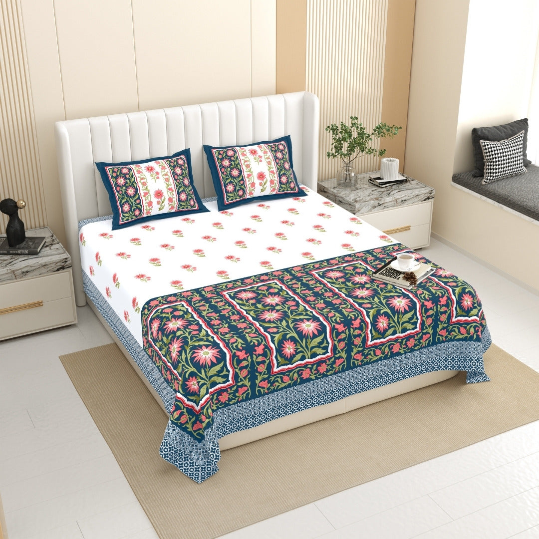 Royal Flora Bunch Jaipuri Print Navy Blue 240 TC Cotton King Size Bedsheet