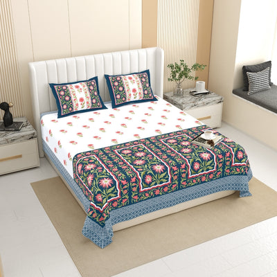 Royal Flora Bunch Jaipuri Print Navy Blue 240 TC Cotton King Size Bedsheet