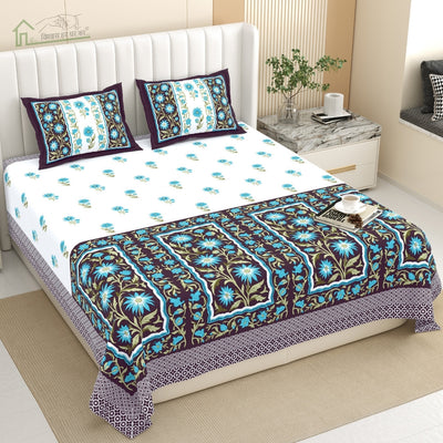 Royal Flora Bunch Jaipuri Print Wine Purple 240 TC Cotton King Size Bedsheet