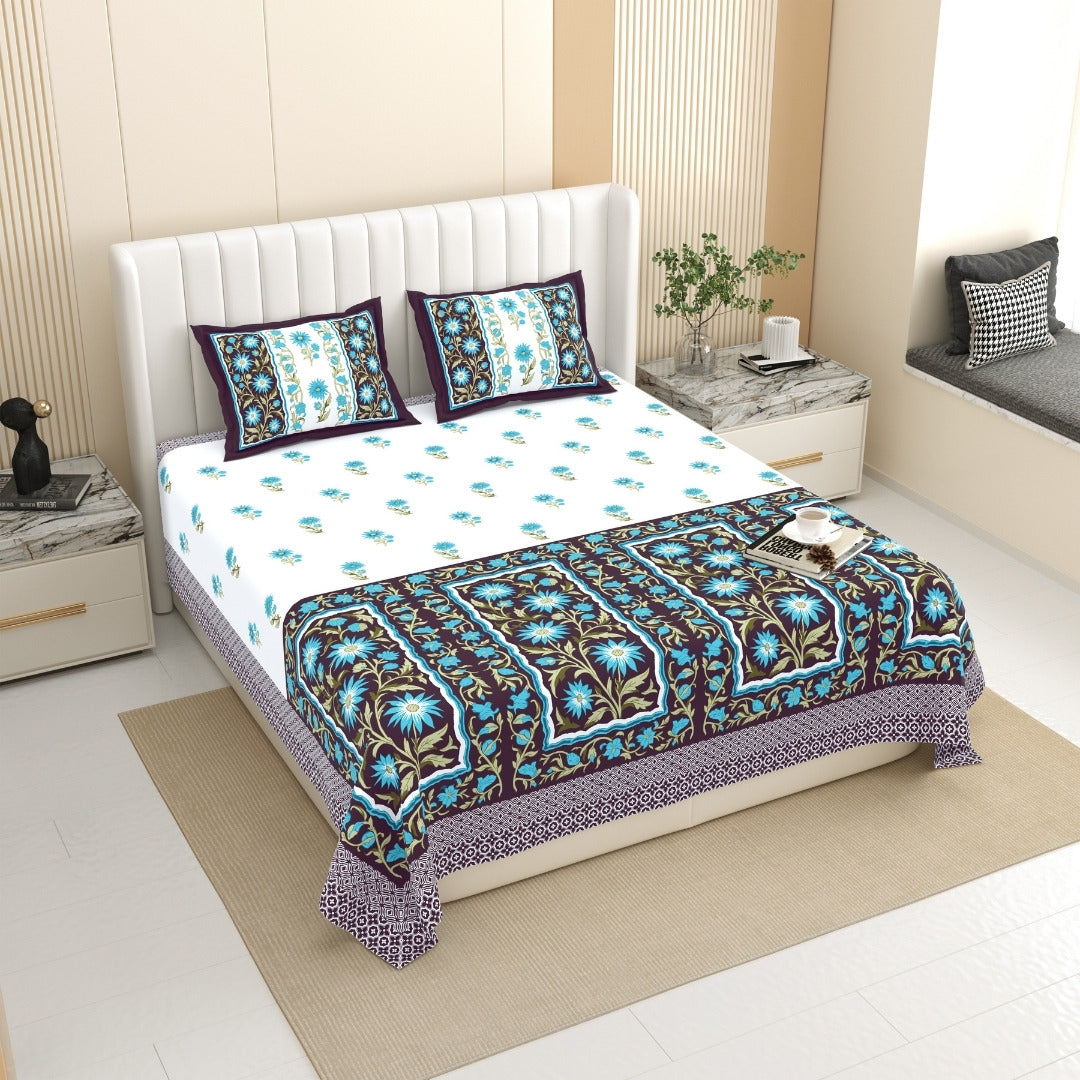 Royal Flora Bunch Jaipuri Print Wine Purple 240 TC Cotton King Size Bedsheet