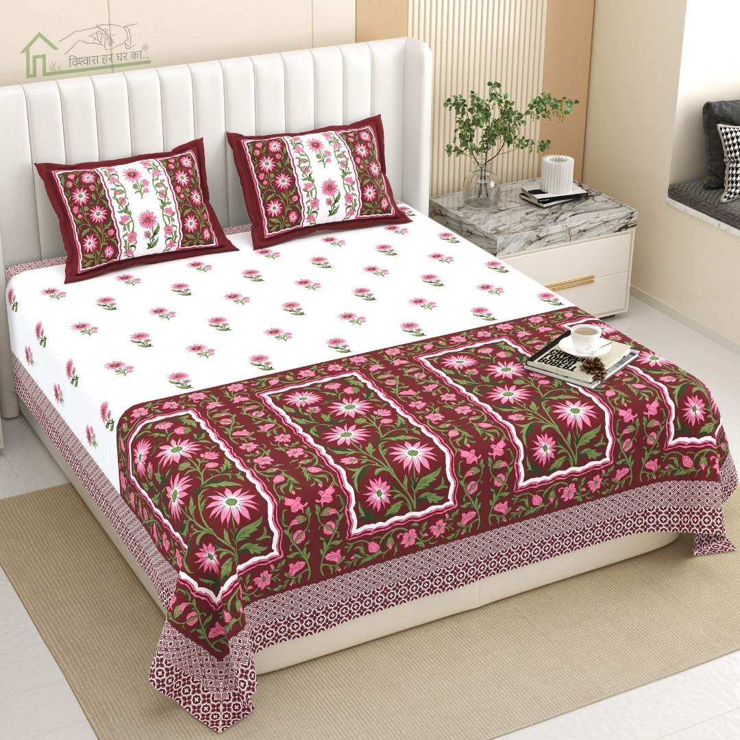 Royal Flora Bunch Jaipuri Print Maroon 240 TC Cotton King Size Bedsheet