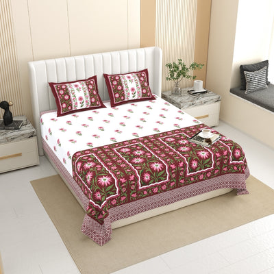 Royal Flora Bunch Jaipuri Print Maroon 240 TC Cotton King Size Bedsheet