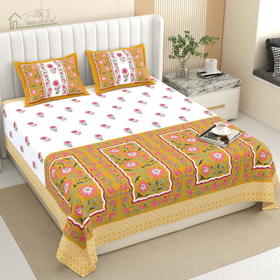 Royal Flora Bunch Jaipuri Print Mustard Yellow 240 TC Cotton King Size Bedsheet