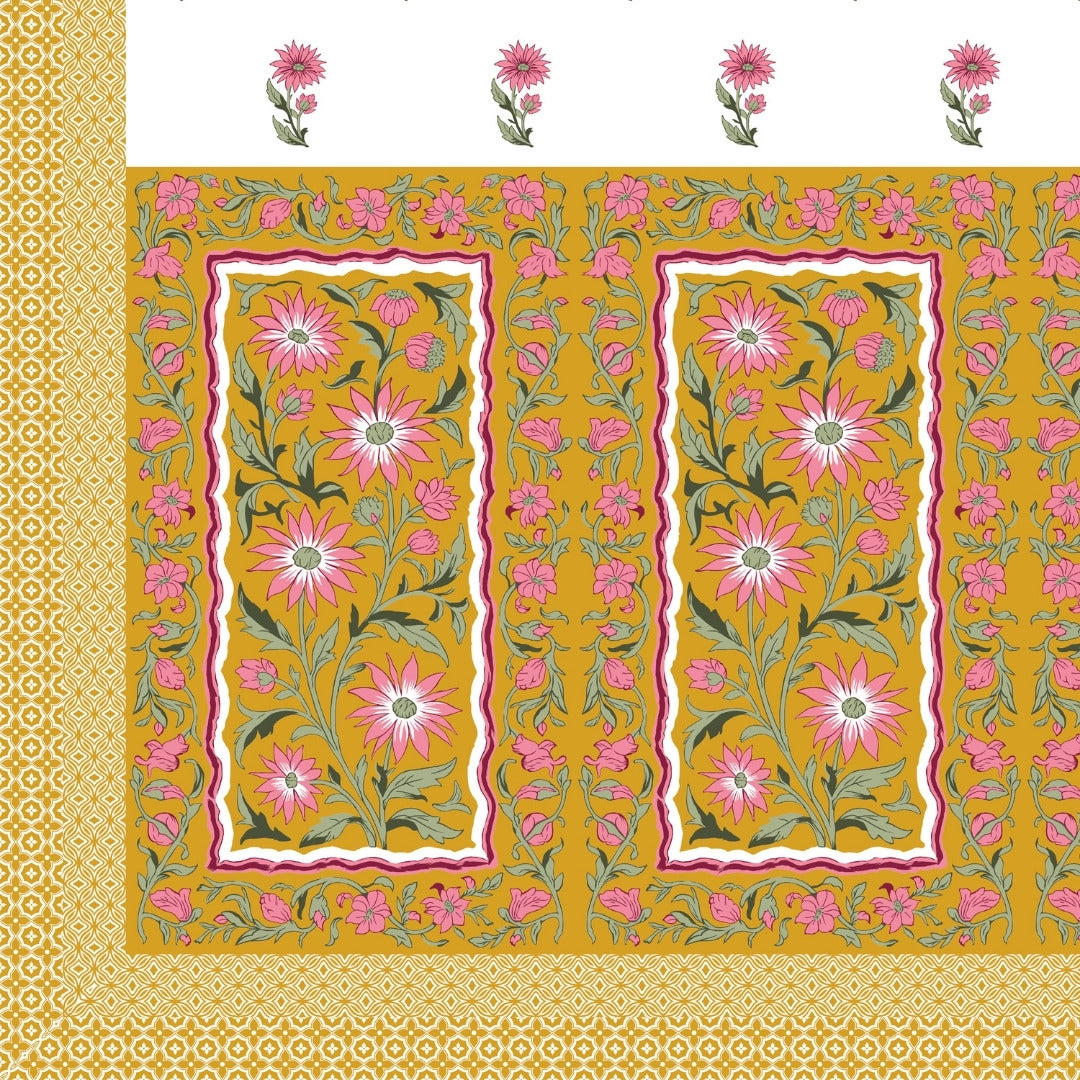 Royal Flora Bunch Jaipuri Print Mustard Yellow 240 TC Cotton King Size Bedsheet