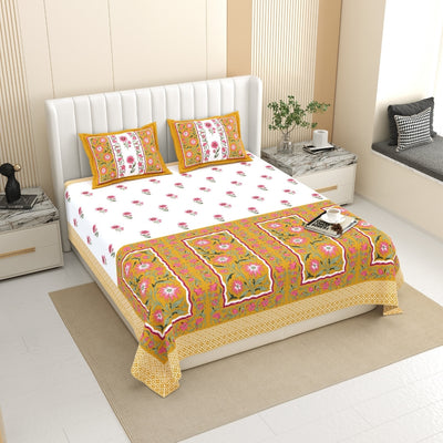 Royal Flora Bunch Jaipuri Print Mustard Yellow 240 TC Cotton King Size Bedsheet