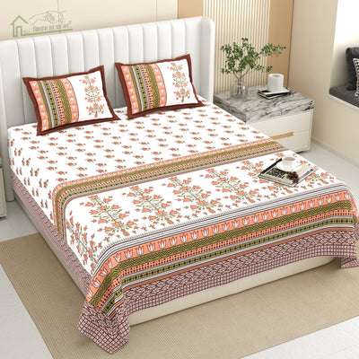 Tulip Bunch Jaipuri Print Peach Brown 240 TC Cotton King Size Bedsheet