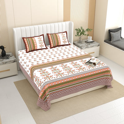 Tulip Bunch Jaipuri Print Peach Brown 240 TC Cotton King Size Bedsheet