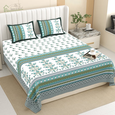 Tulip Bunch Jaipuri Print Teal Green 240 TC Cotton King Size Bedsheet