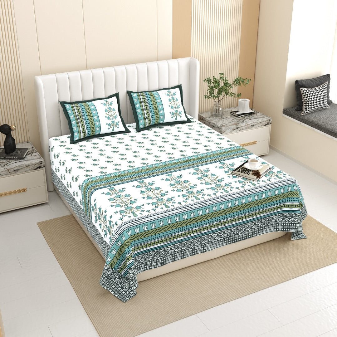 Tulip Bunch Jaipuri Print Teal Green 240 TC Cotton King Size Bedsheet