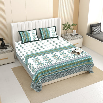 Tulip Bunch Jaipuri Print Teal Green 240 TC Cotton King Size Bedsheet