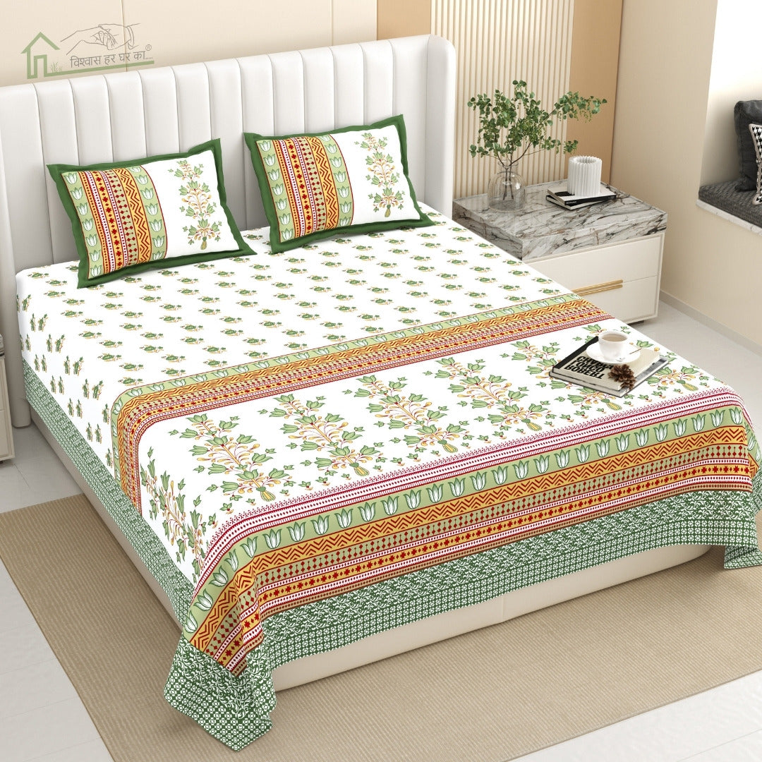Tulip Bunch Jaipuri Print Green Gold 240 TC Cotton King Size Bedsheet