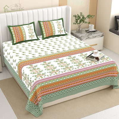 Tulip Bunch Jaipuri Print Green Gold 240 TC Cotton King Size Bedsheet
