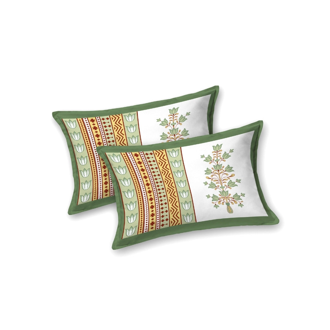 Tulip Bunch Jaipuri Print Green Gold 240 TC Cotton King Size Bedsheet
